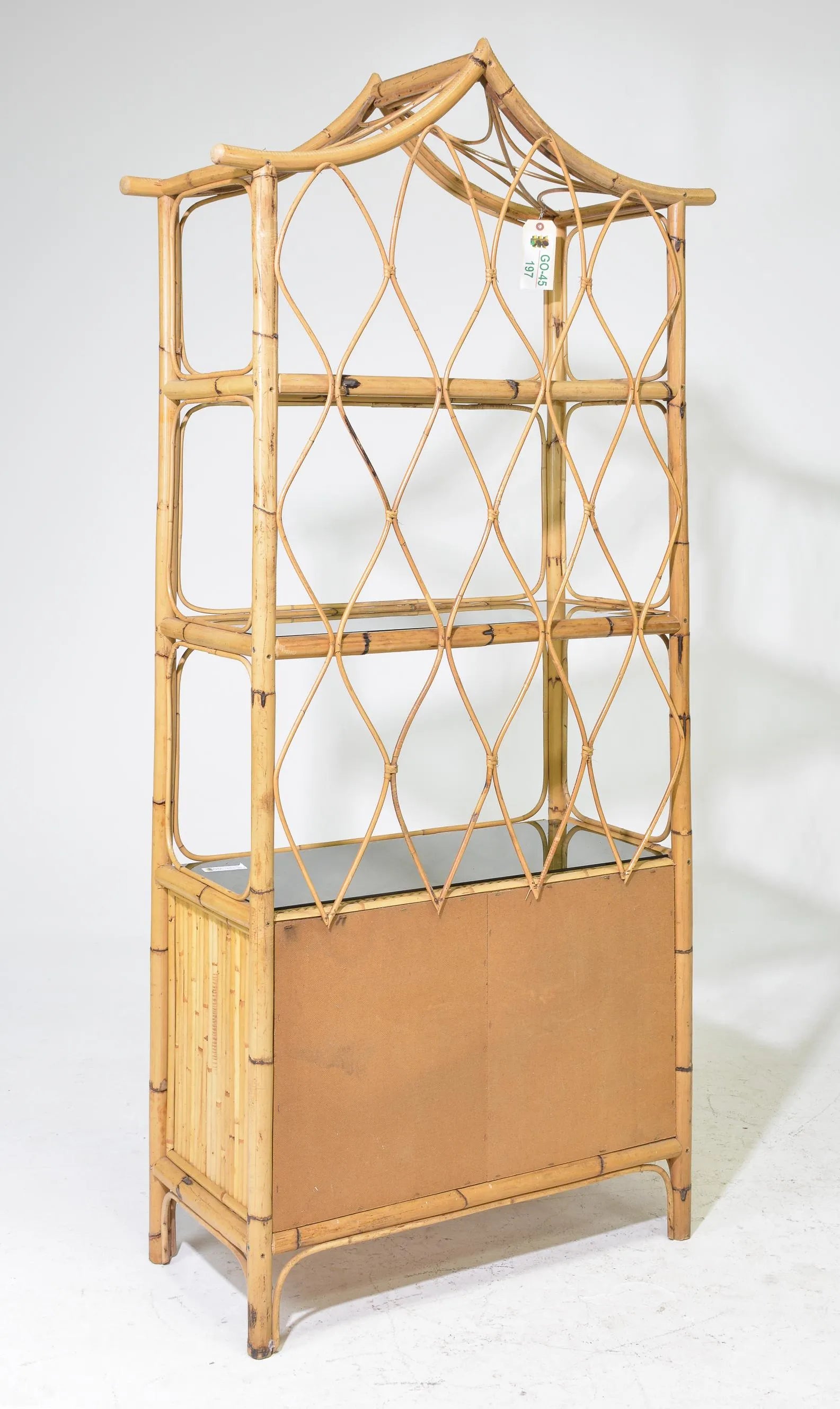 Pair of Bamboo Pagoda Shape Tiki Style Display Shelves