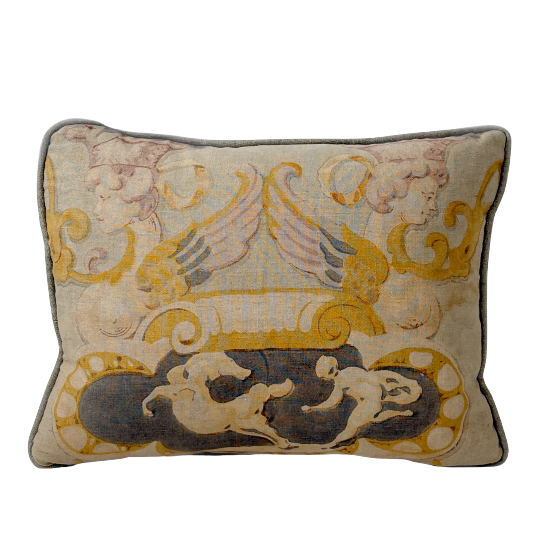 Hand painted vintage linen lumbar pillow