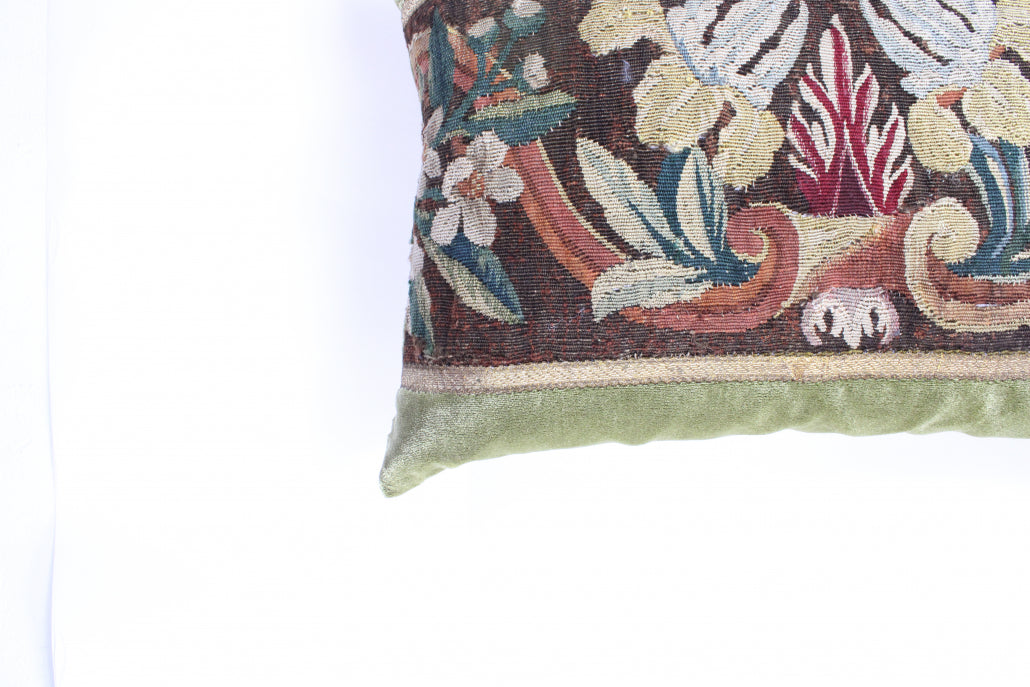 18th Century Tapestry Silk Pillow with Green Velvet