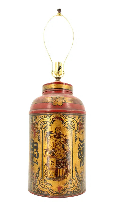 Vintage Chinoiserie Tole and Gilt Tea Tin Lamp