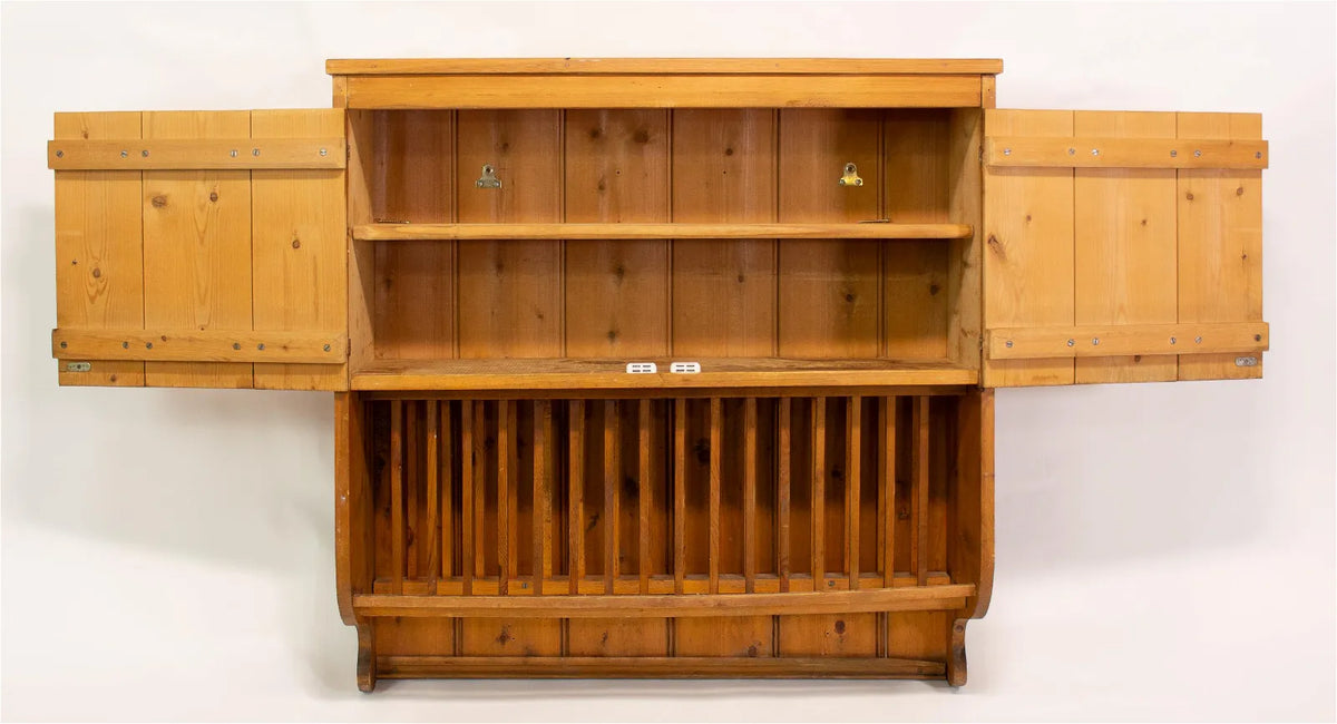 English Pine Double Door Wall Cabinet with Plate Rack