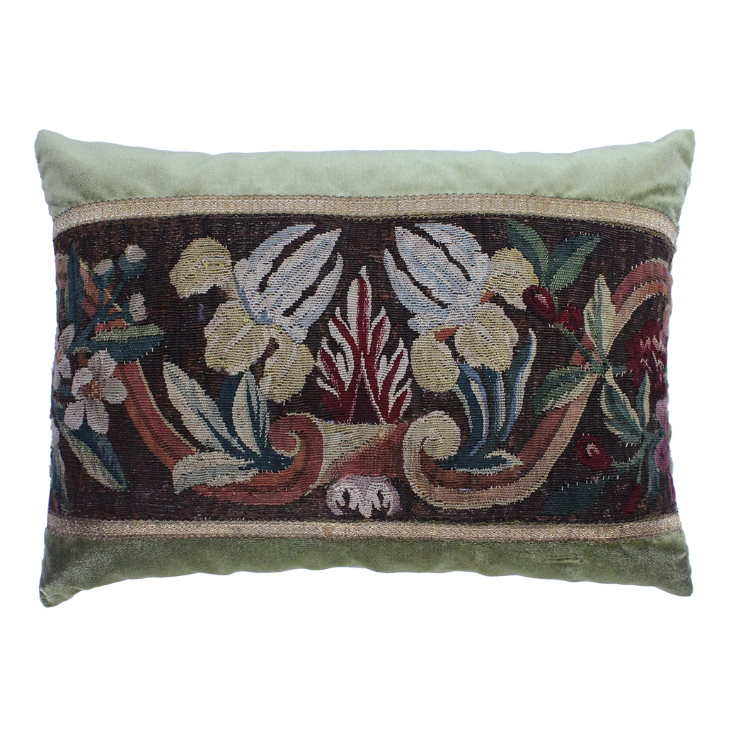 18th Century Tapestry Silk Pillow with Green Velvet