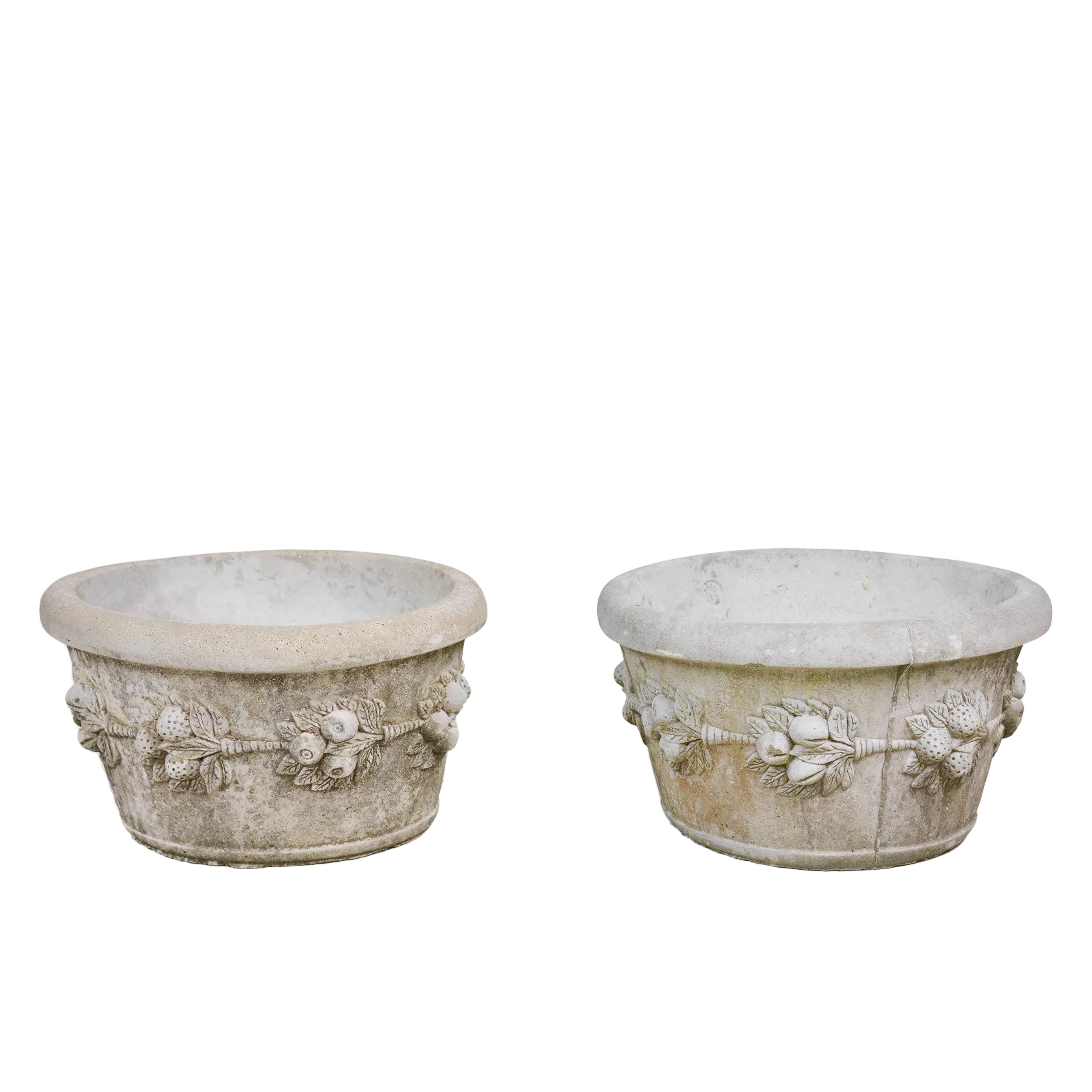 Pair of Round Cast Stone Planters with Berry Motif
