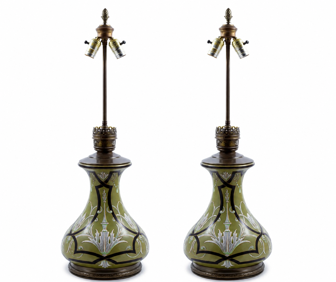 A Pair of Vintage Art Nouveau Style Green Porcelain Vases as Table Lamp
