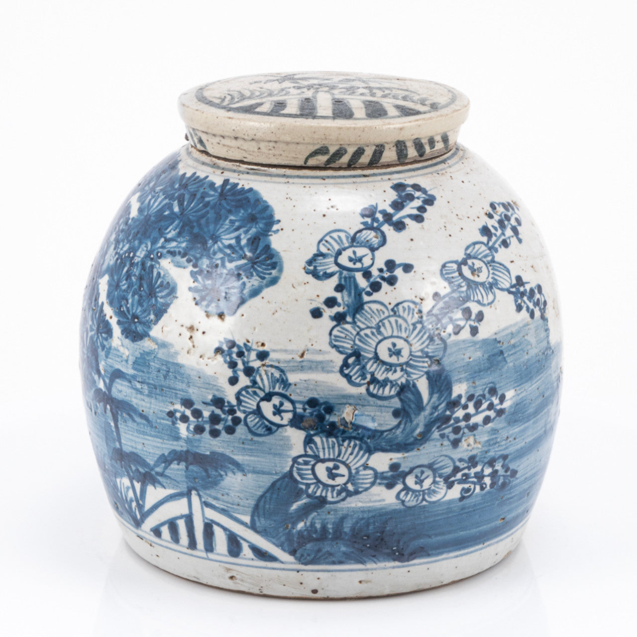 Blue and White Vintage Ming Jar Pine Motif