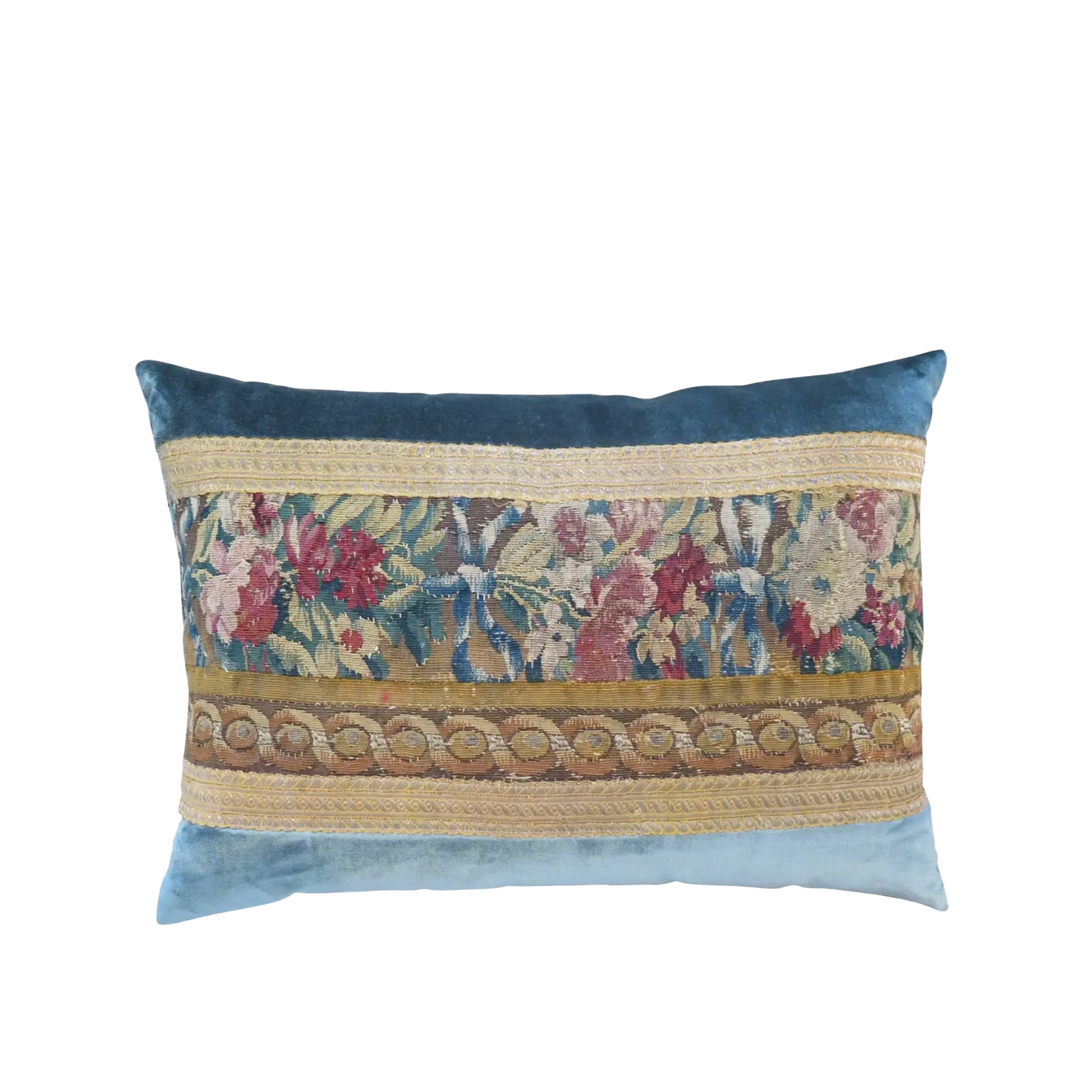 18th Century Floral Tapestry Fragment with Blue Silk Velvet Pillow