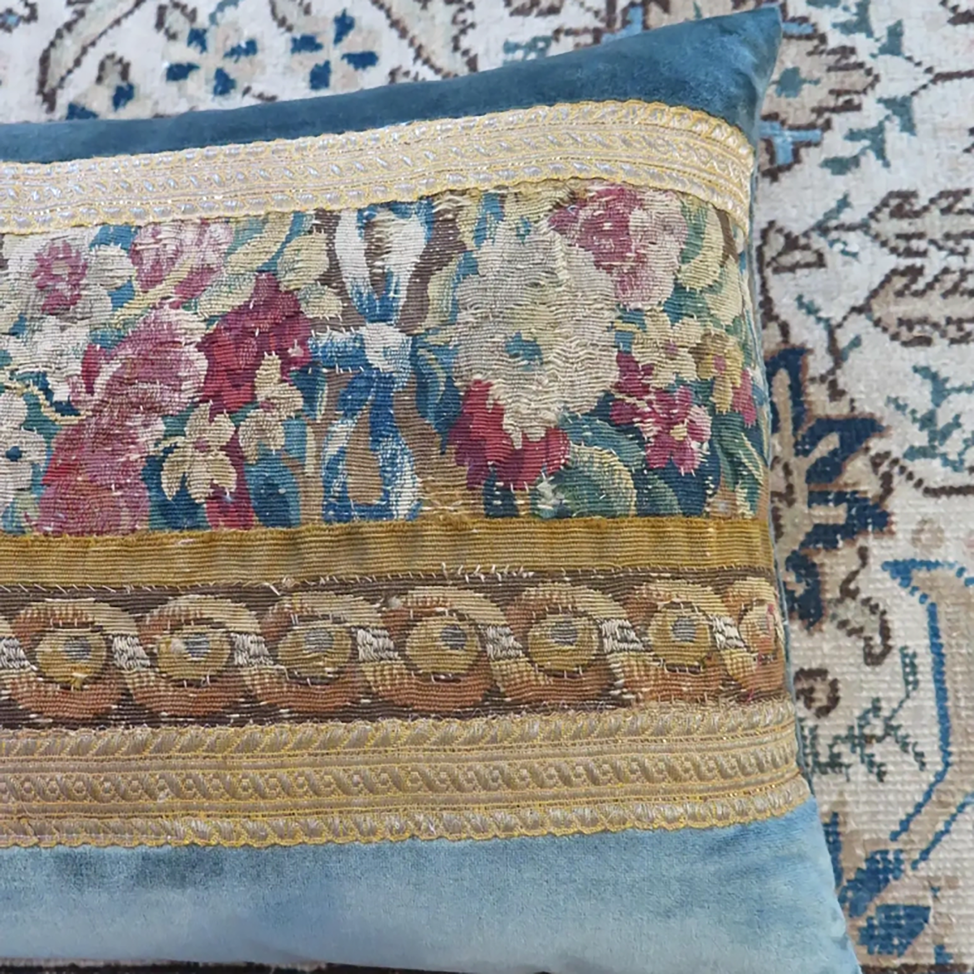 18th Century Floral Tapestry Fragment with Blue Silk Velvet Pillow
