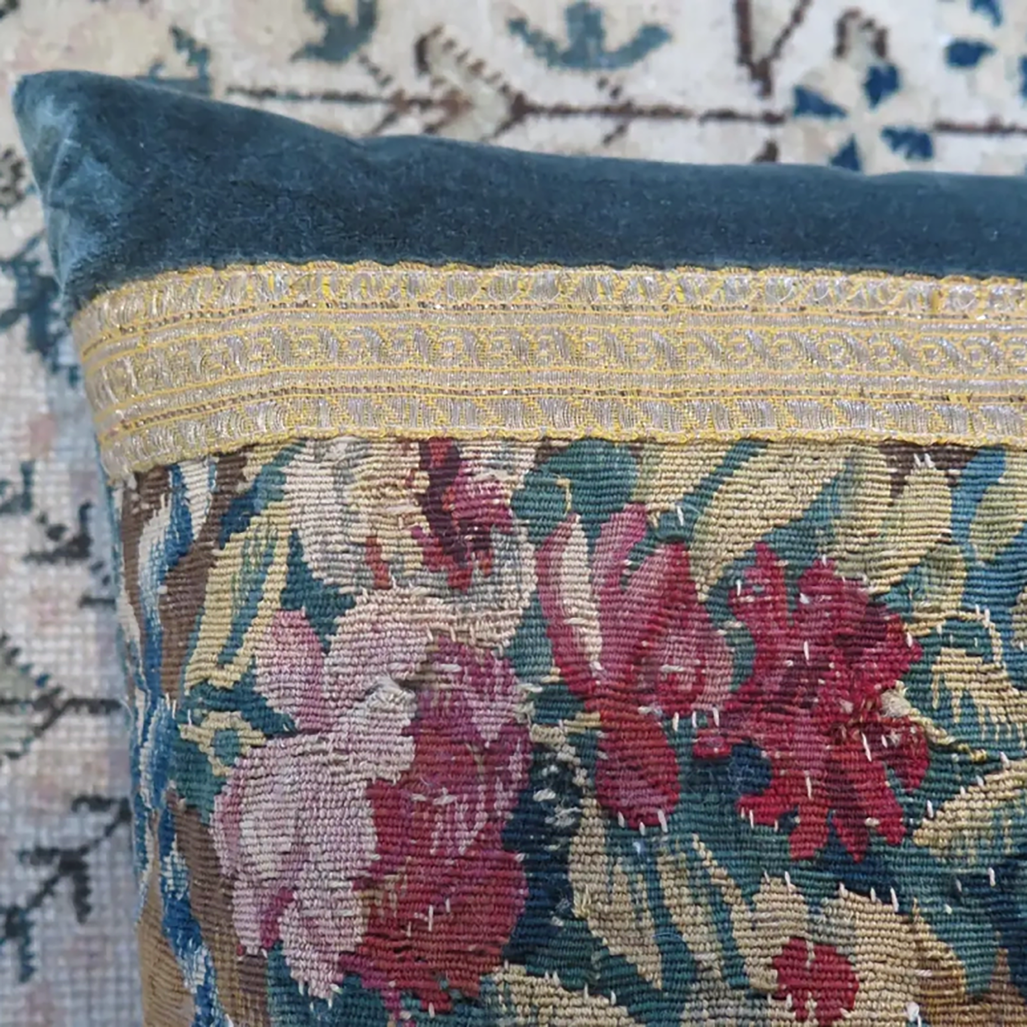 18th Century Floral Tapestry Fragment with Blue Silk Velvet Pillow