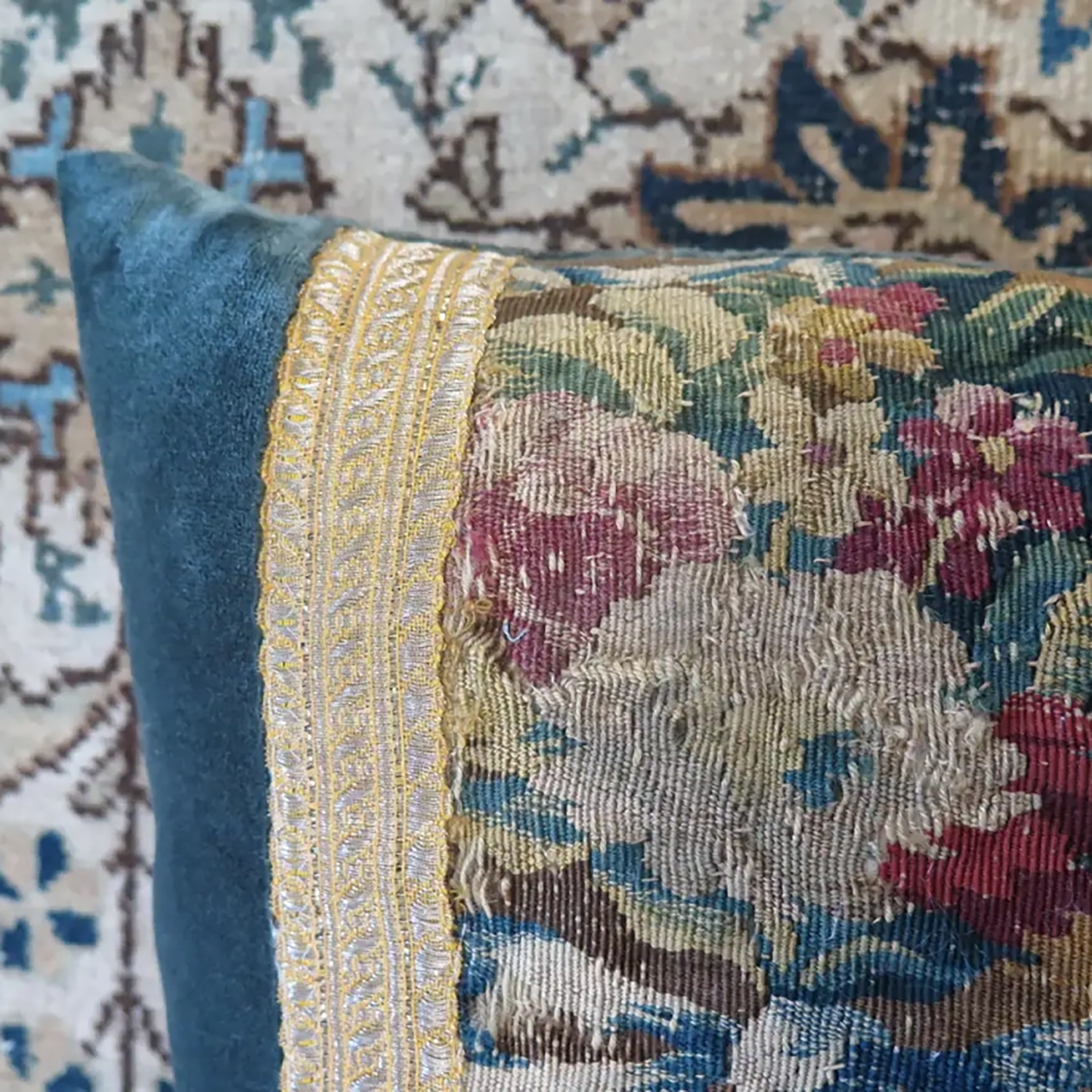 18th Century Floral Tapestry Fragment with Blue Silk Velvet Pillow
