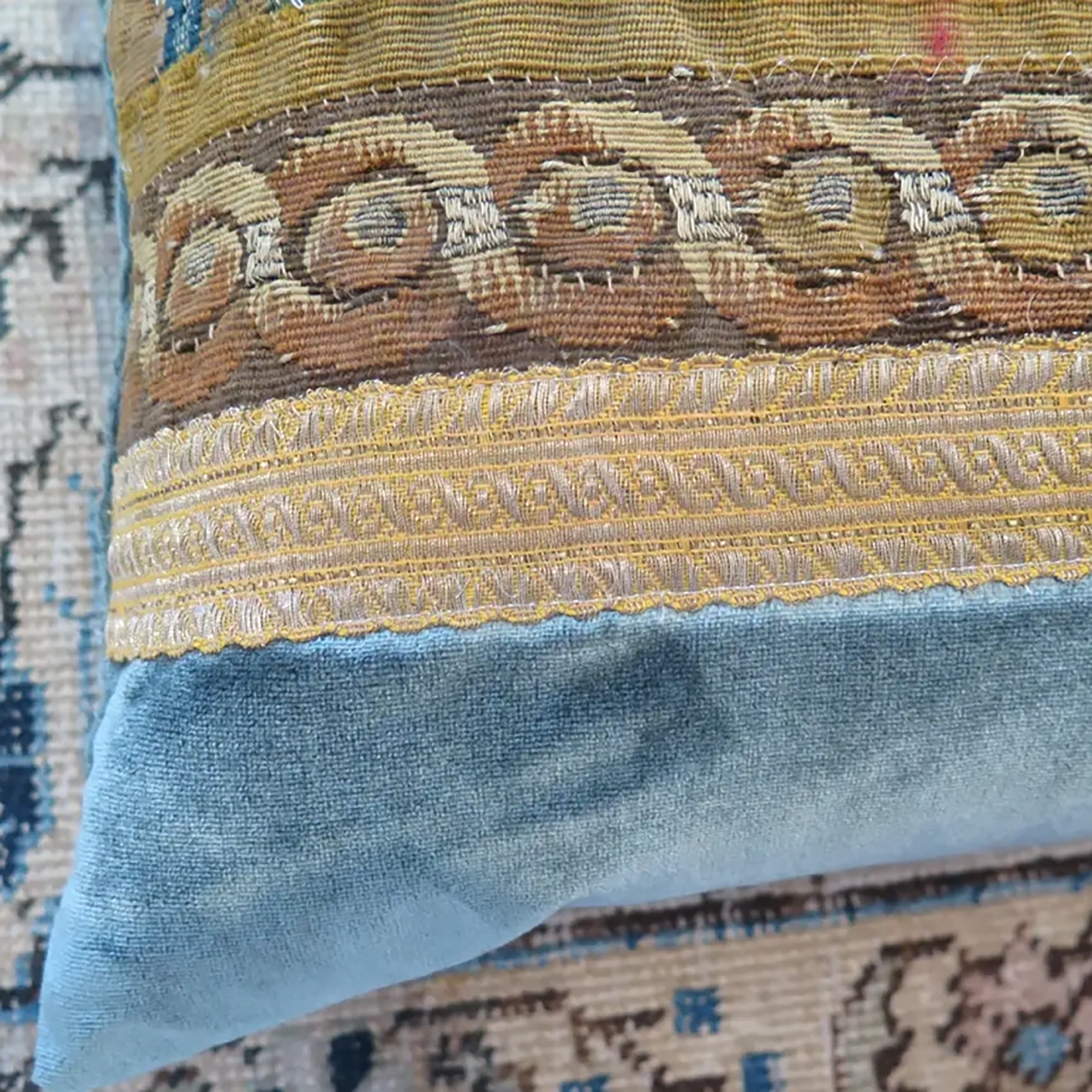 18th Century Floral Tapestry Fragment with Blue Silk Velvet Pillow