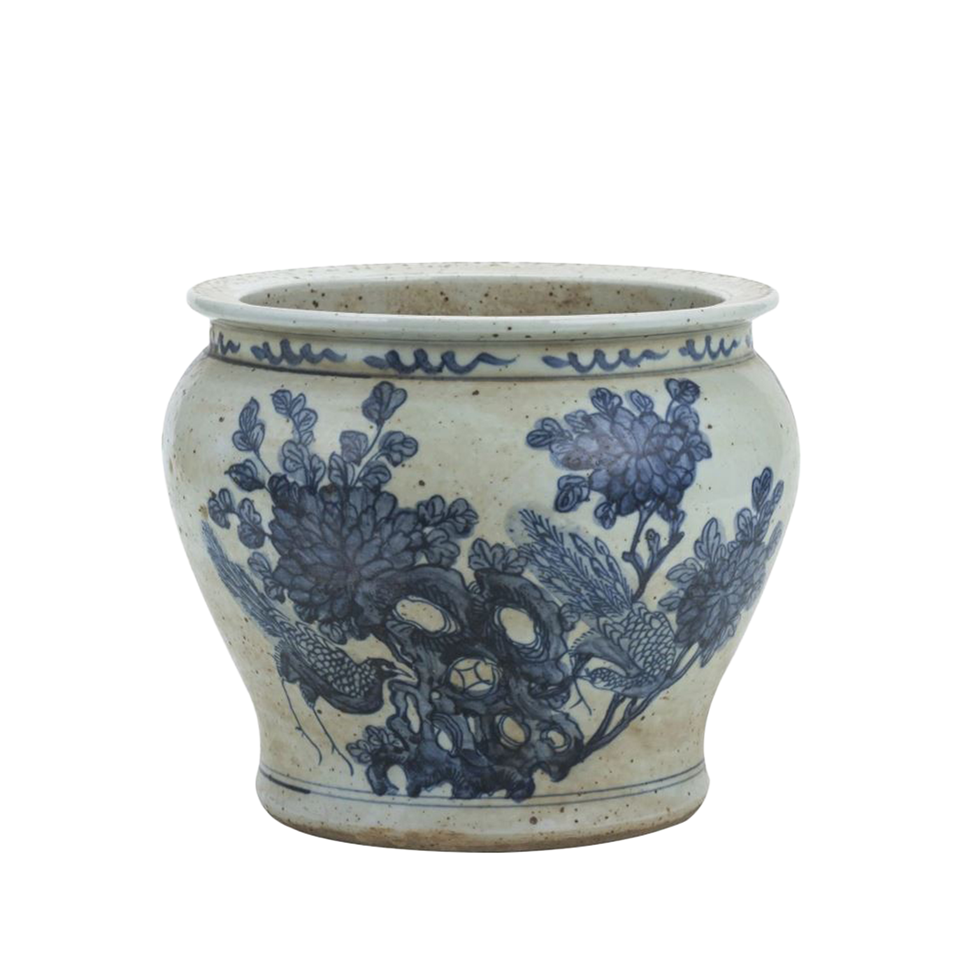 Blue And White Small Planter Flower With Pheasant