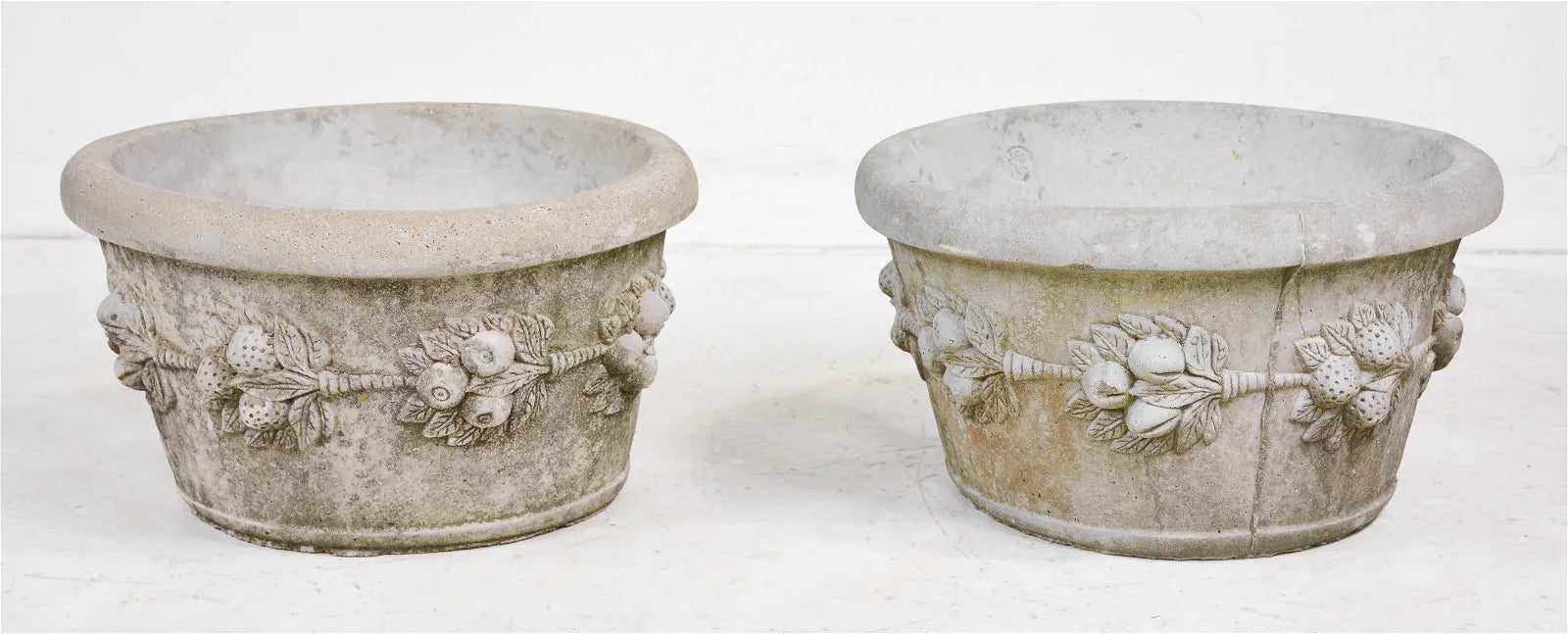 cast stone plant pots Pair of Vintage Style Round Cast Stone Planters with Berry Motif