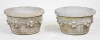 Pair of Round Cast Stone Planters with Berry Motif