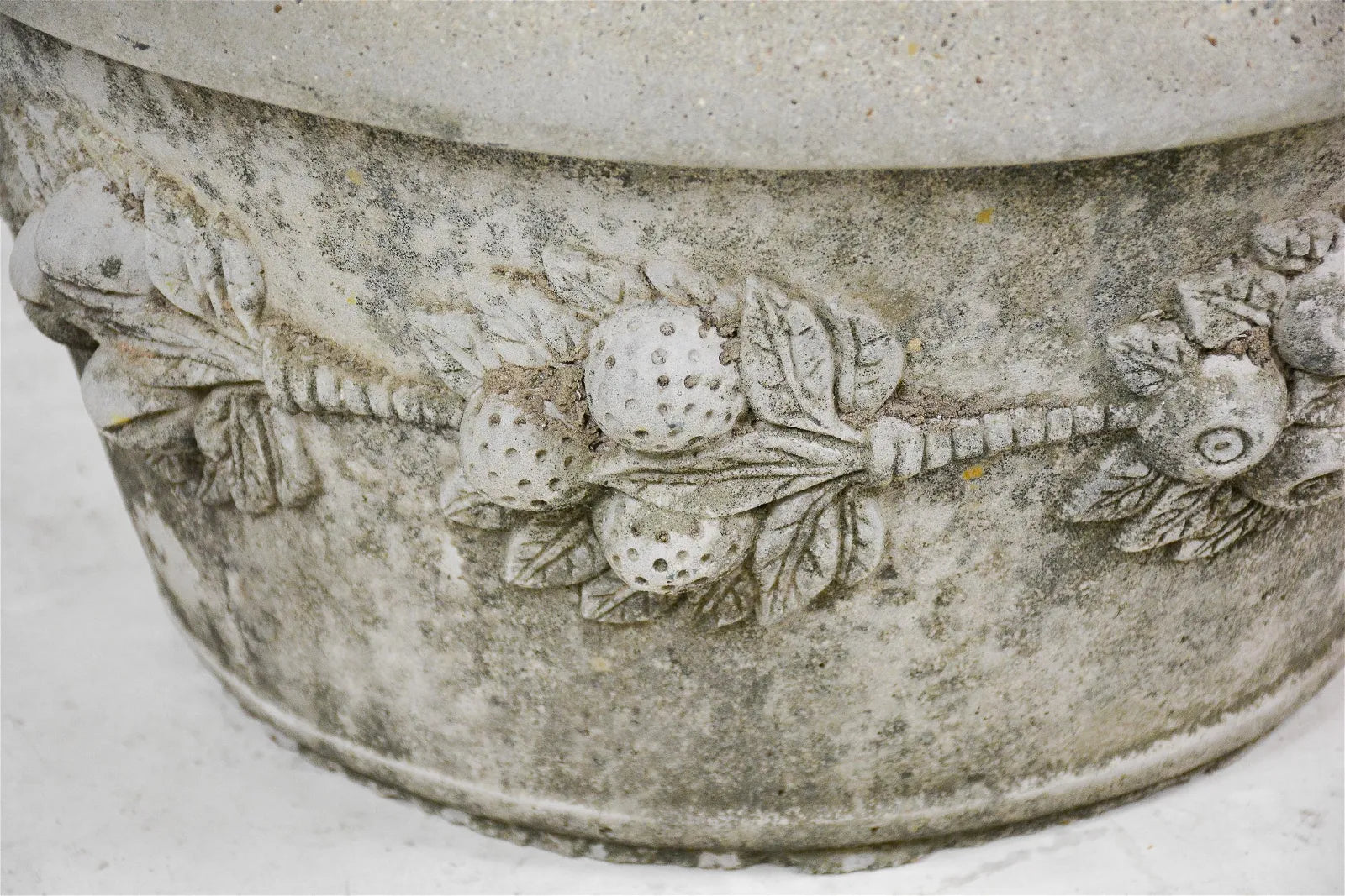 Pair of Round Cast Stone Planters with Berry Motif