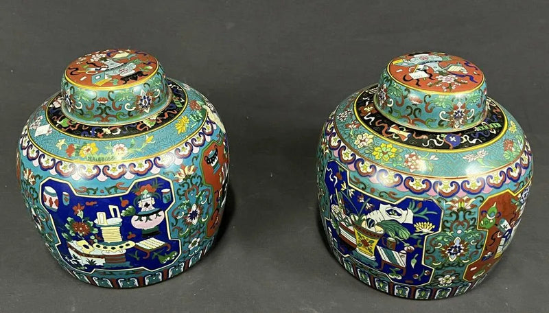 Pair of Antique Chinese Cloisonne Lidded Jars