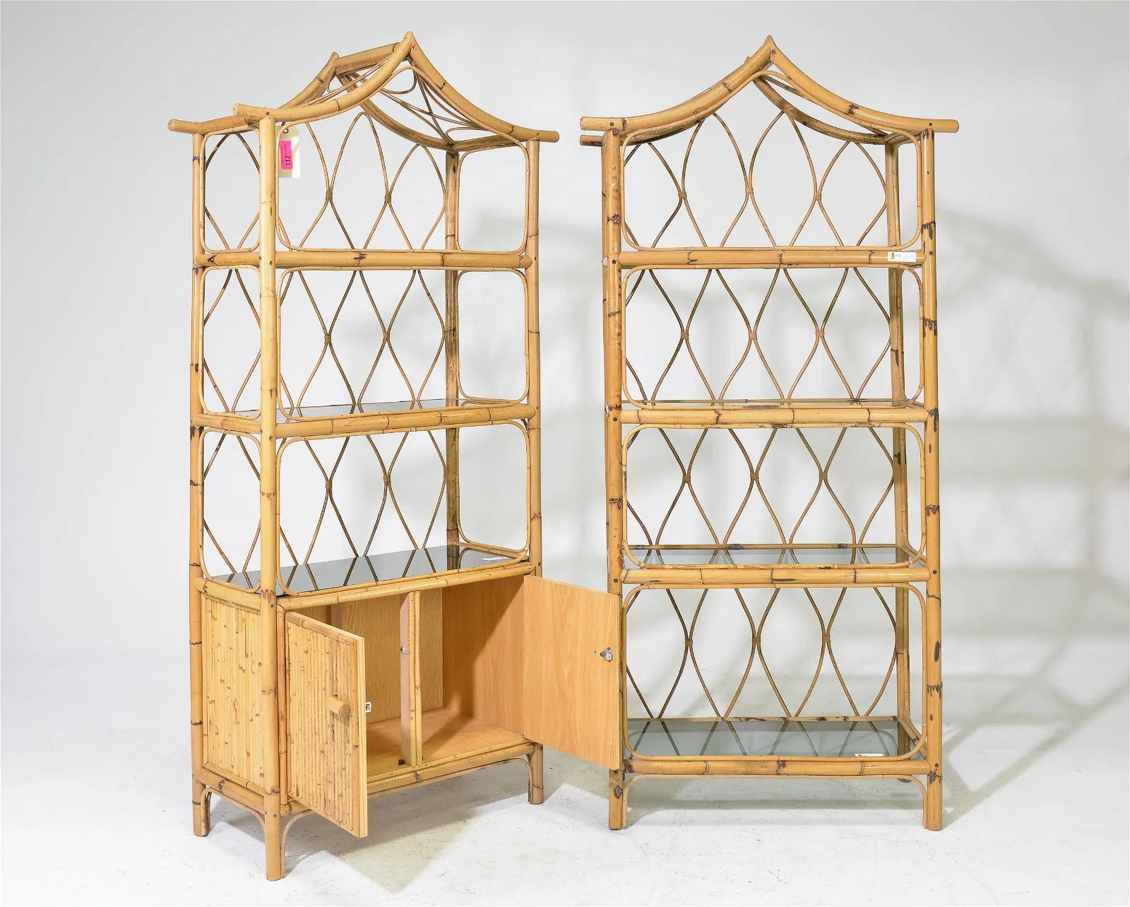 Pair of Bamboo Pagoda Shape Tiki Style Display Shelves