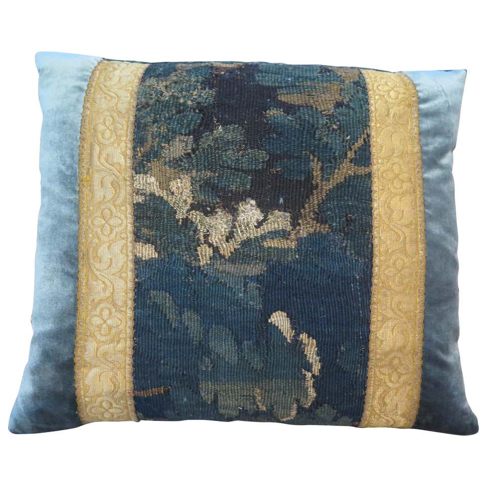 18th Century Verdure Tapestry with Blue Silk Velvet Pillow