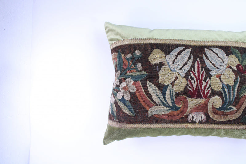 18th Century Tapestry Silk Pillow with Green Velvet