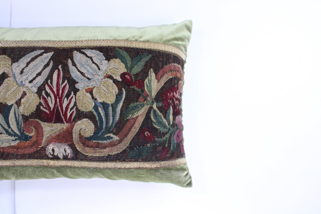 18th Century Tapestry Silk Pillow with Green Velvet