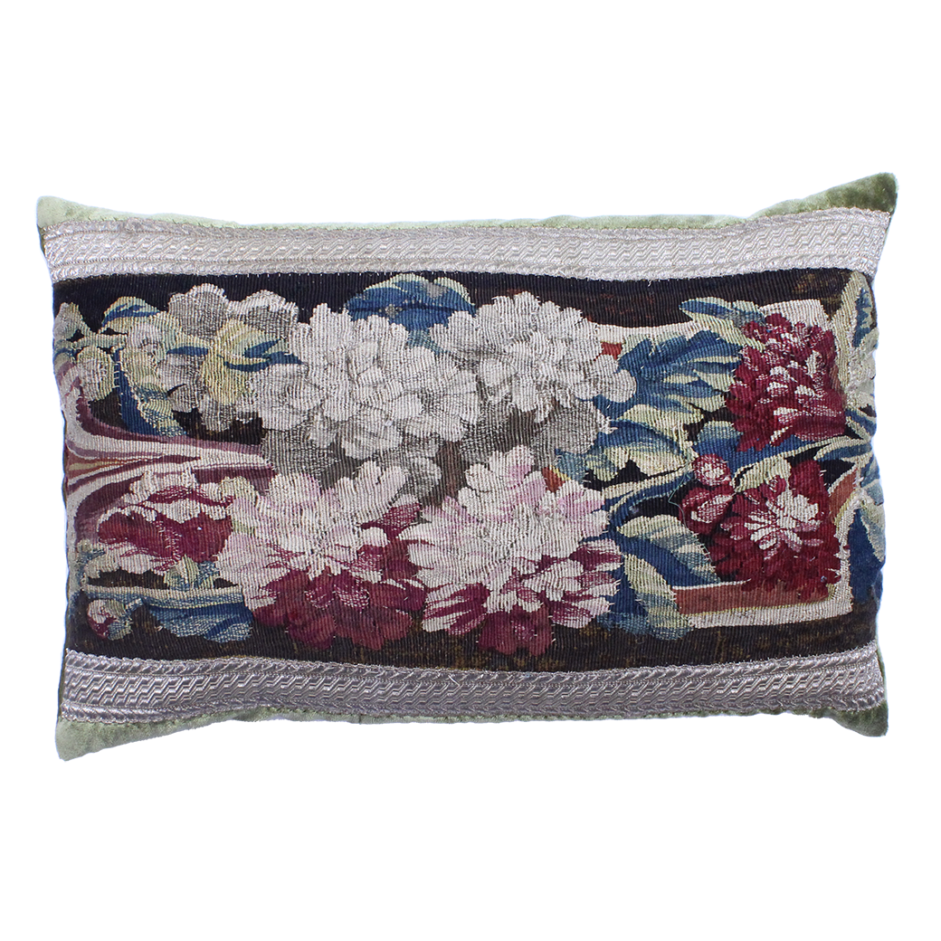18th Century Tapestry Green Silk Pillow