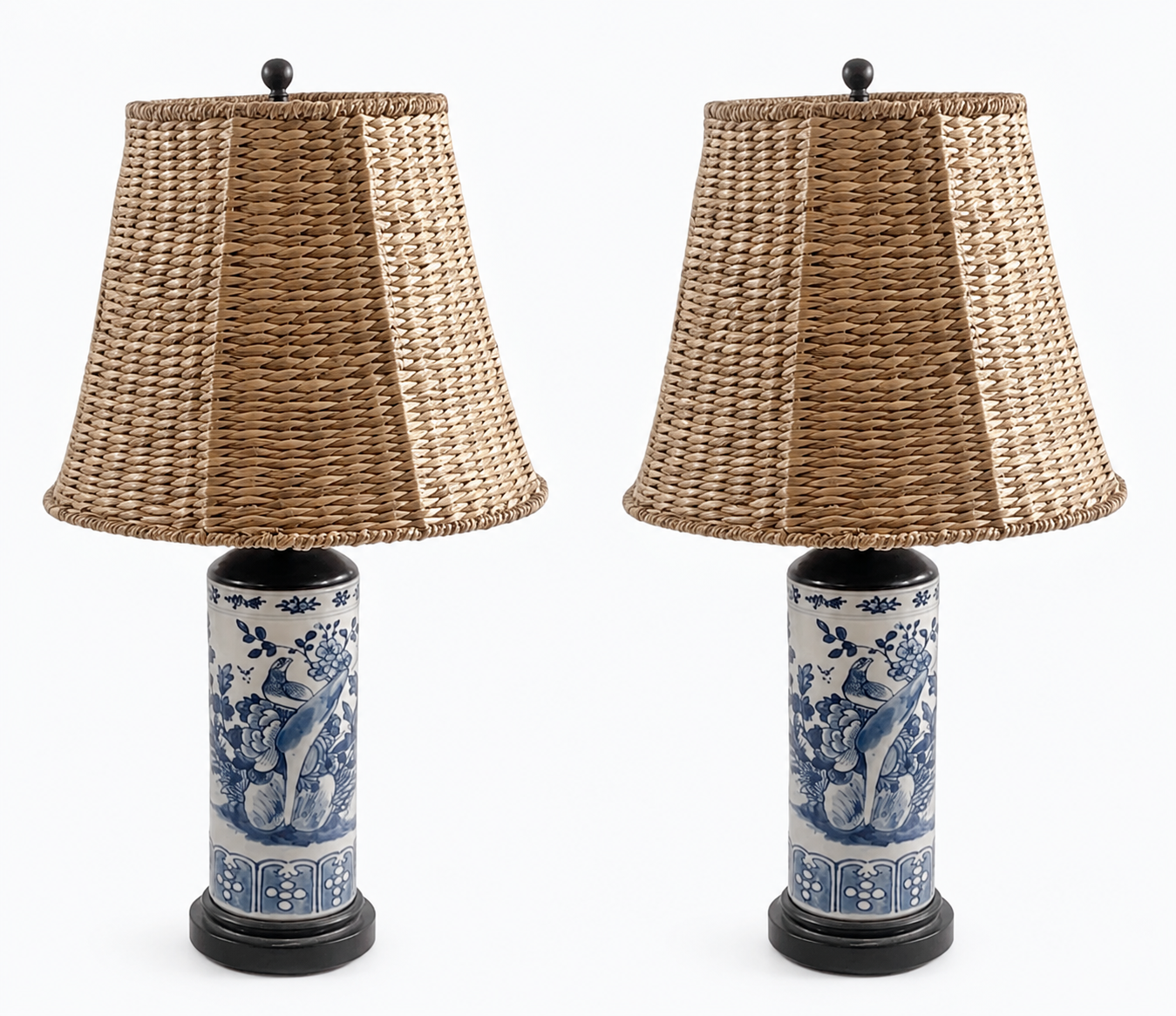 Pair Blue & White Porcelain Table Lamps – Chinoiserie Floral Ceramic Lamps