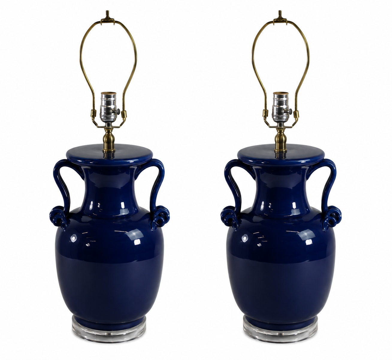 A Pair of Cobalt Blue Ceramic Amphora Style Table Lamps with Double Handles