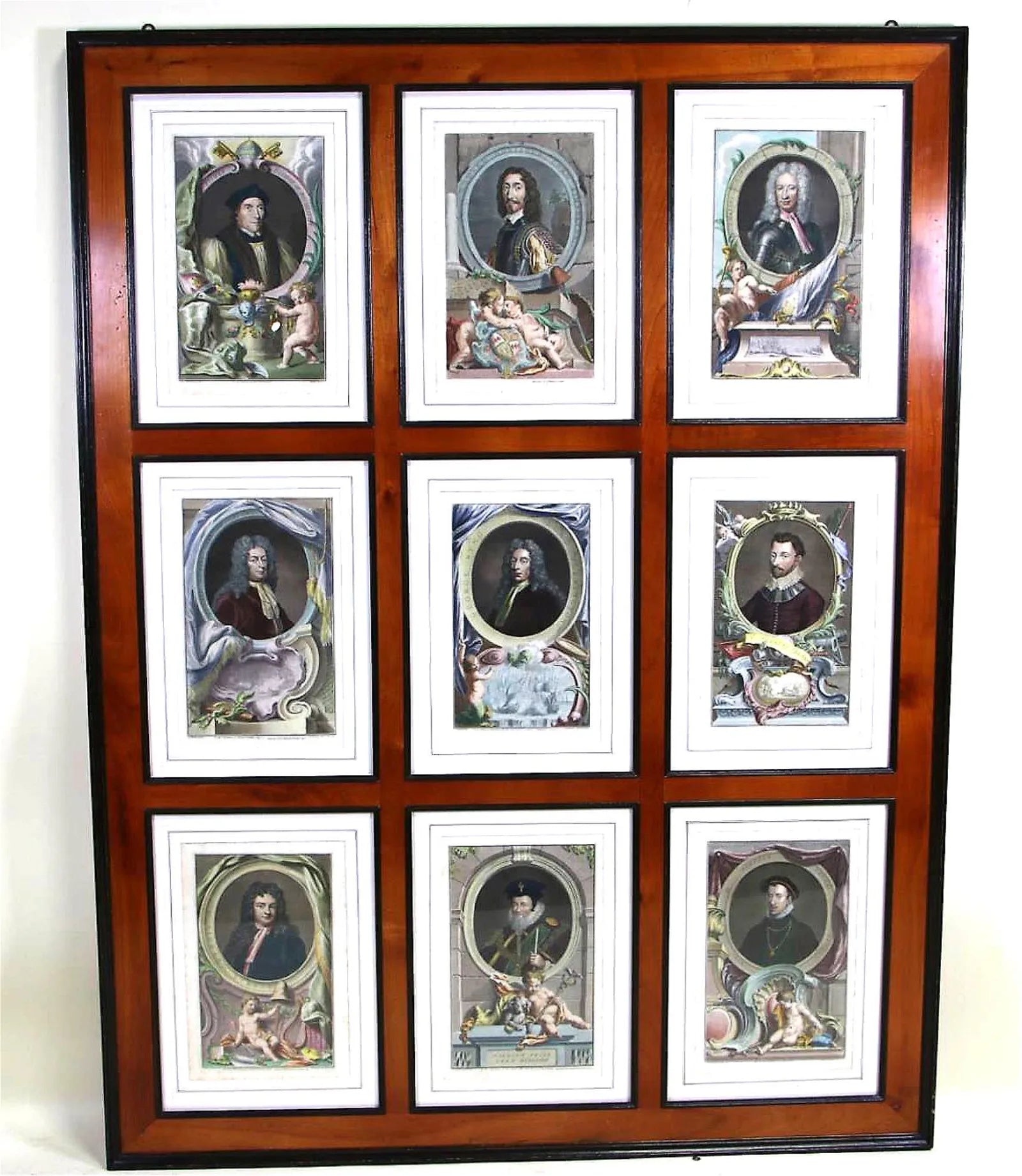 Frame with Nine 18th Century Hand Colored Engravings
