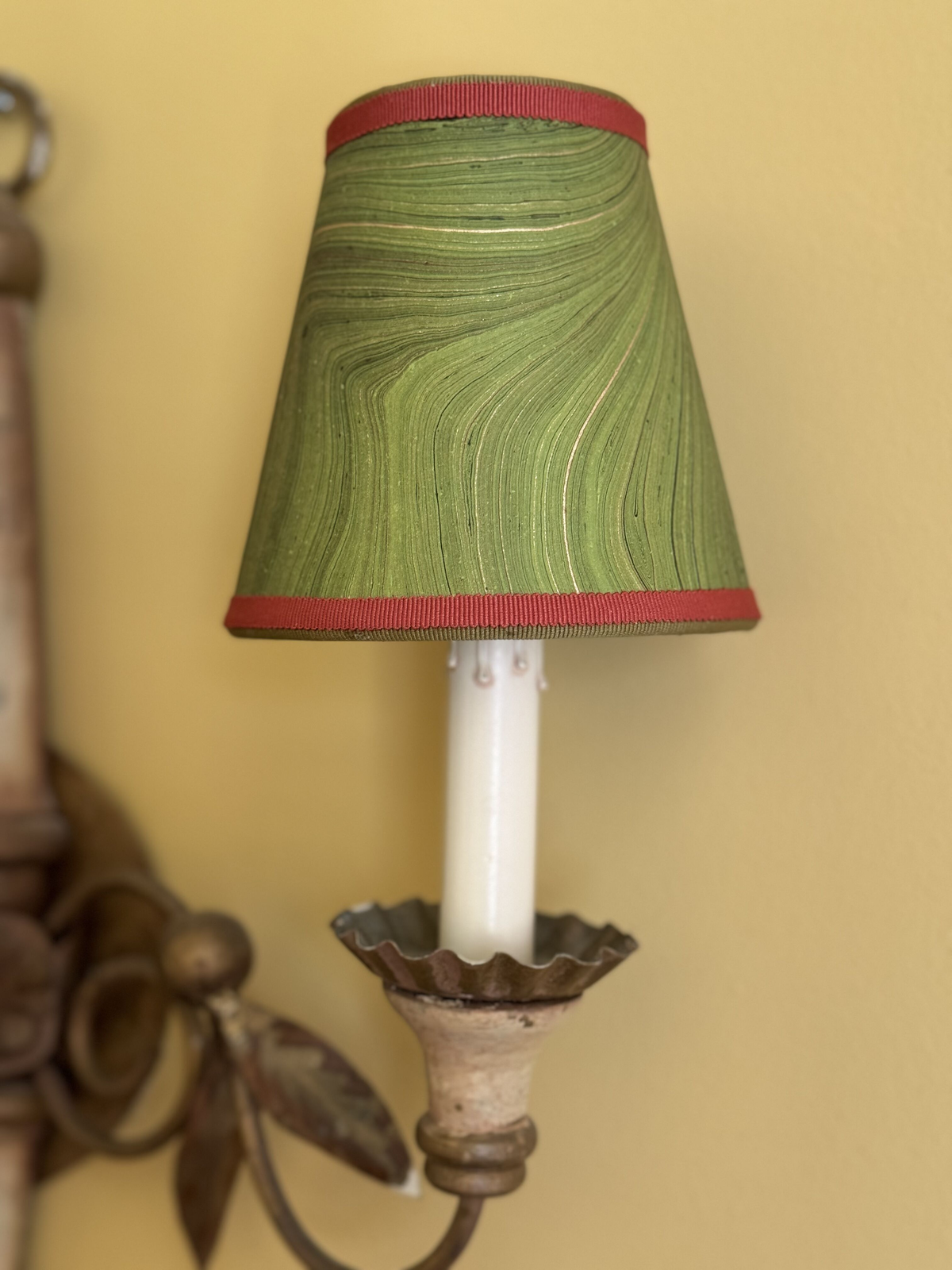 Sconce Lampshade in Marbled Hunter Green (Red trim)