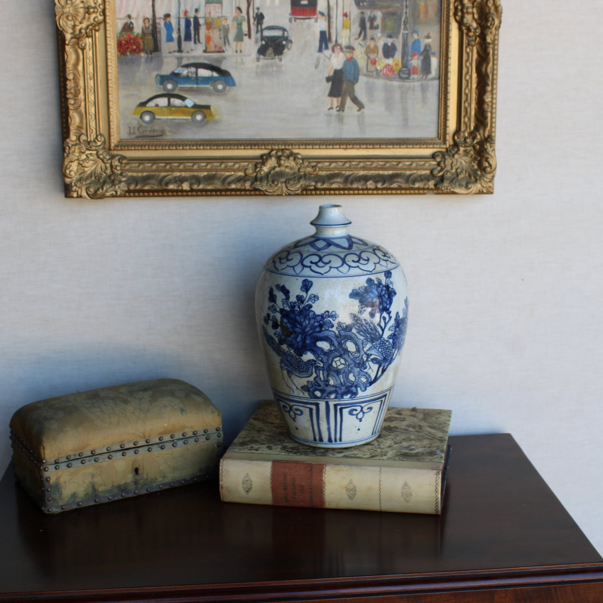 Blue And White Garlic Head Vase Flower Bird Motif