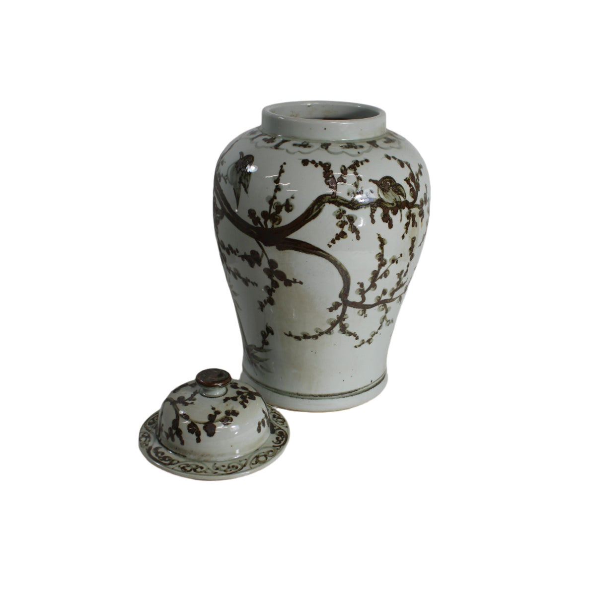 Rustic Brown Magpie On Treetop Porcelain Temple Jar - Large