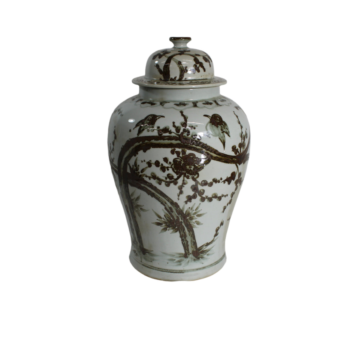 Rustic Brown Magpie On Treetop Porcelain Temple Jar - Large