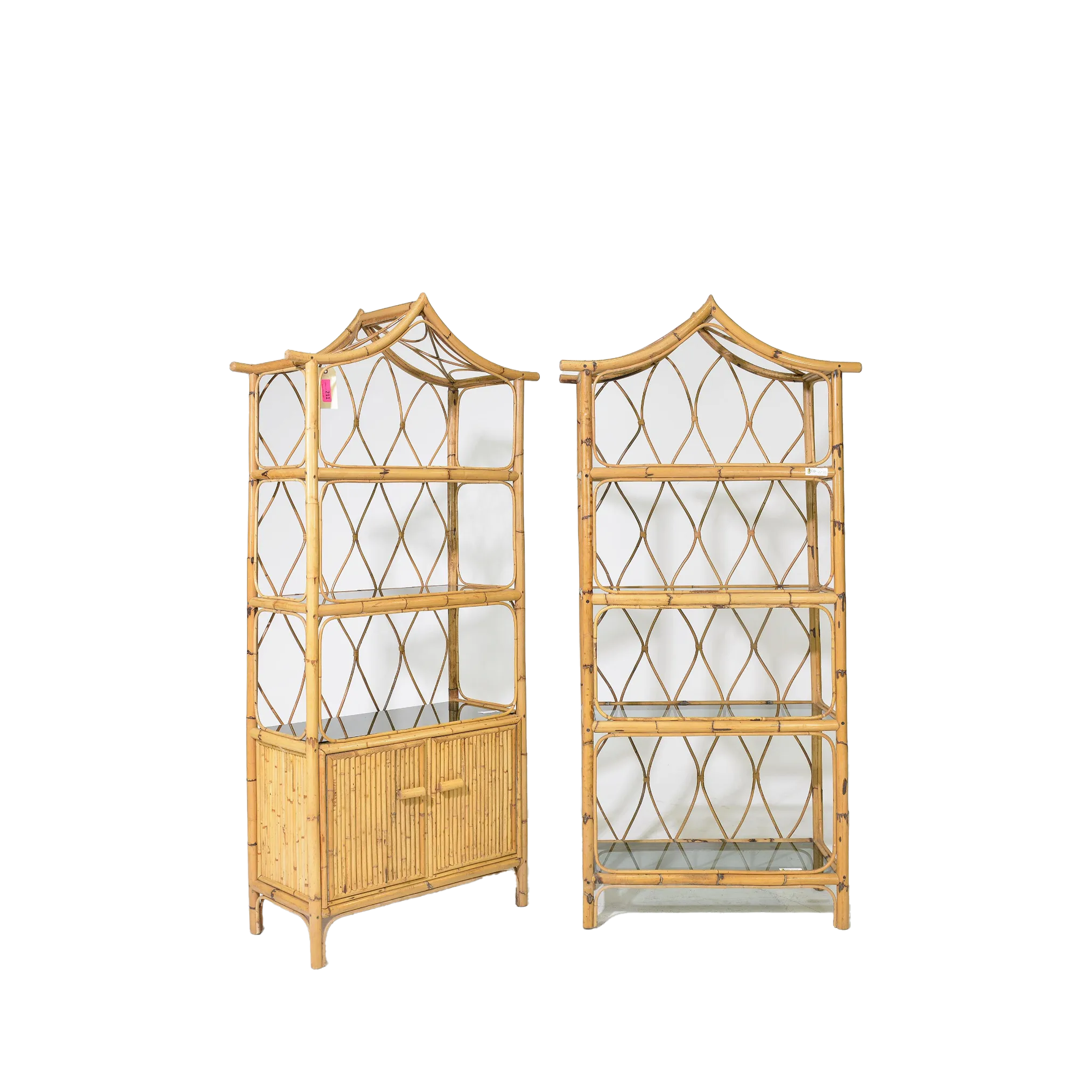 Pair of Bamboo Pagoda Shape Tiki Style Display Shelves