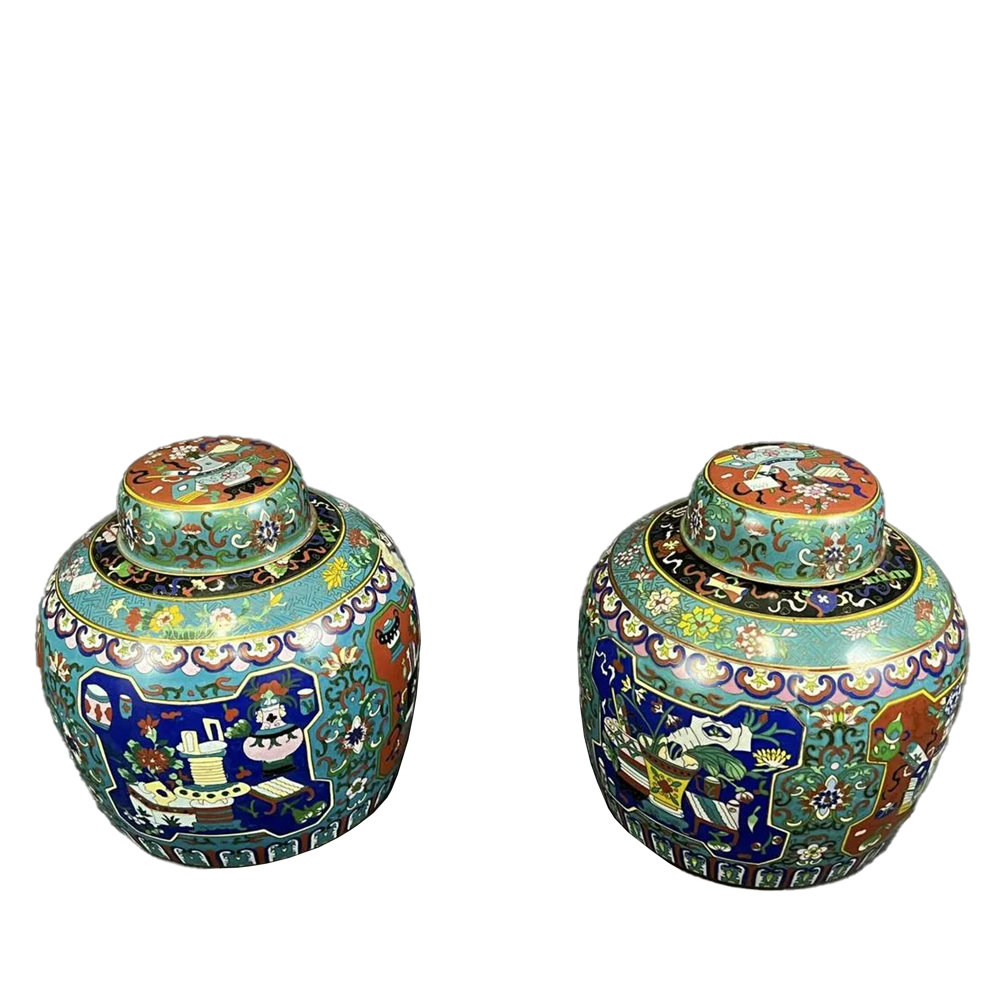 Pair of Antique Chinese Cloisonne Lidded Jars