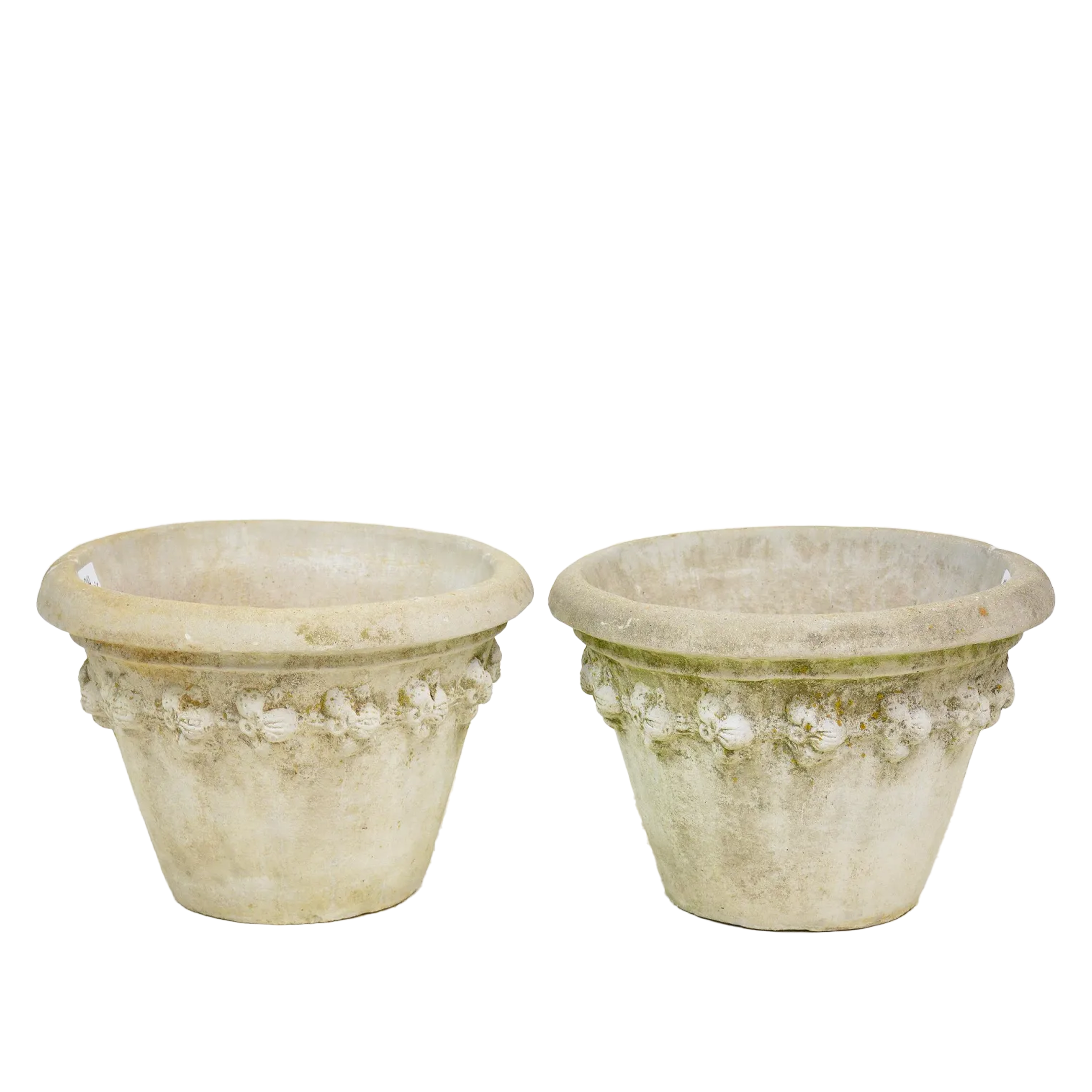 Pair of Vintage Cast Stone Round Planters with Grape Vine Pattern