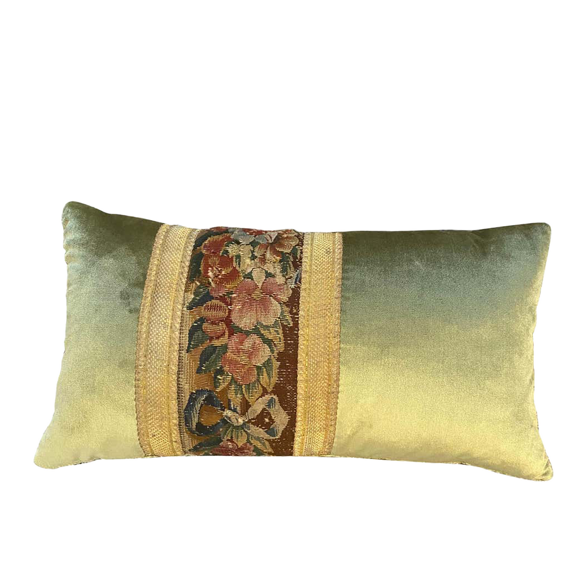 18th Century Tapestry and Celadon Silk Velvet Pillow