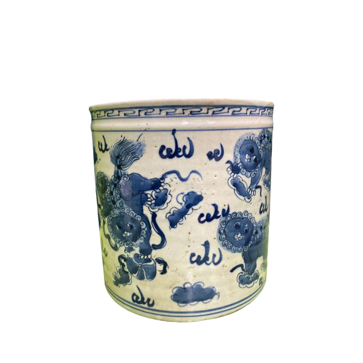 Blue And White Orchid Pot Foo Dog Motif