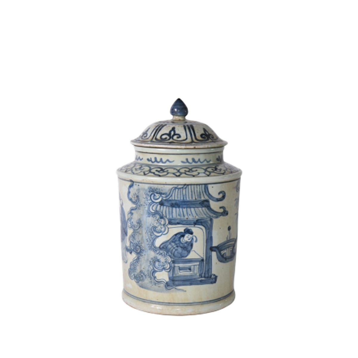 Blue And White Ancient People Lidded Jar